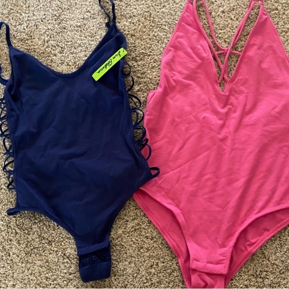 2 Sam Edelman Crisscross Bodysuits M | Pink & Navy Lace-Up One Piece Bundle NWT - Picture 4 of 6